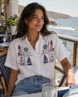 Vintage Nautical Embroidered Button Up Shirt Coastal Lighthouse Sailboat Medium